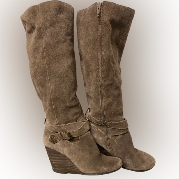 BCBG tall zip up boots with wedge heel and buckle accent - Picture 1 of 6